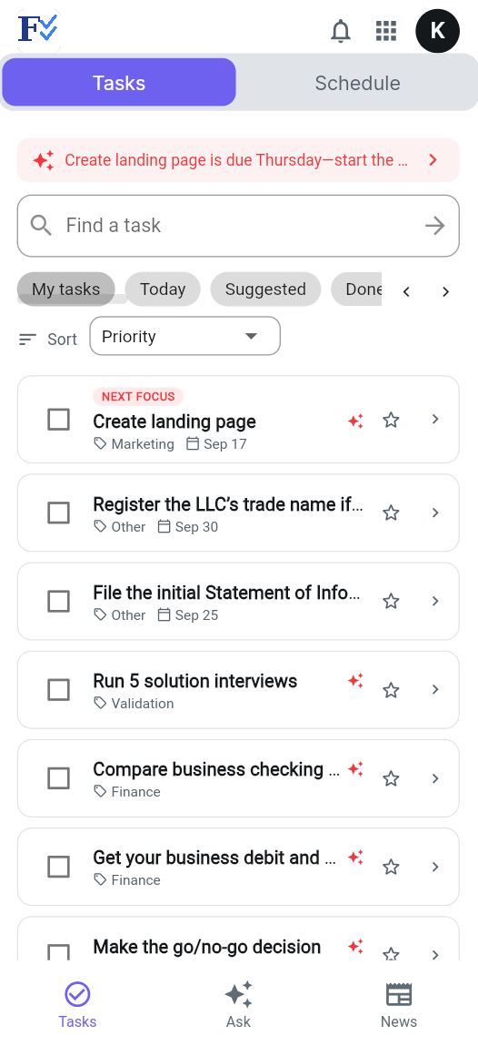 The FoundersCheckList.AI app home screen